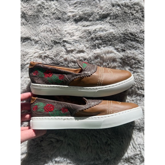 Botas Leon Brown Leather Floral Embroidered Western Slip On Sneakers Womens 24.5 - Picture 5 of 9